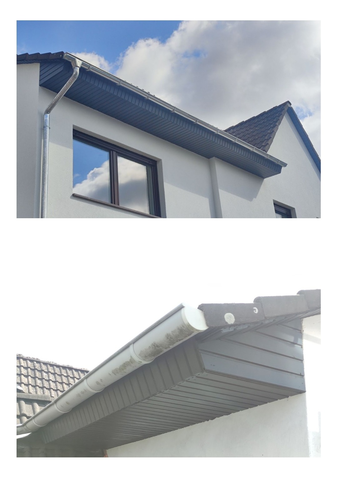 Podbitka drewniana wykonana z deski szalówki. Całość pomalowana wodną farbą firmy Remmers do drewna i metalu.