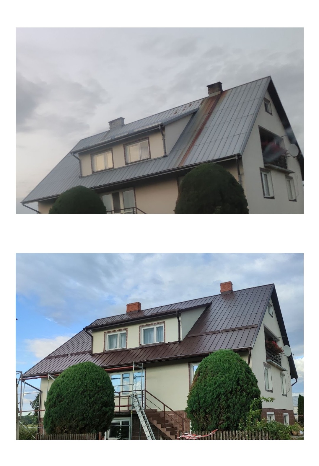 Czyszczenie myjką ciśnieniową i dwukrotne malowanie połaci dachowej farbą Nobiles dach i rynny.