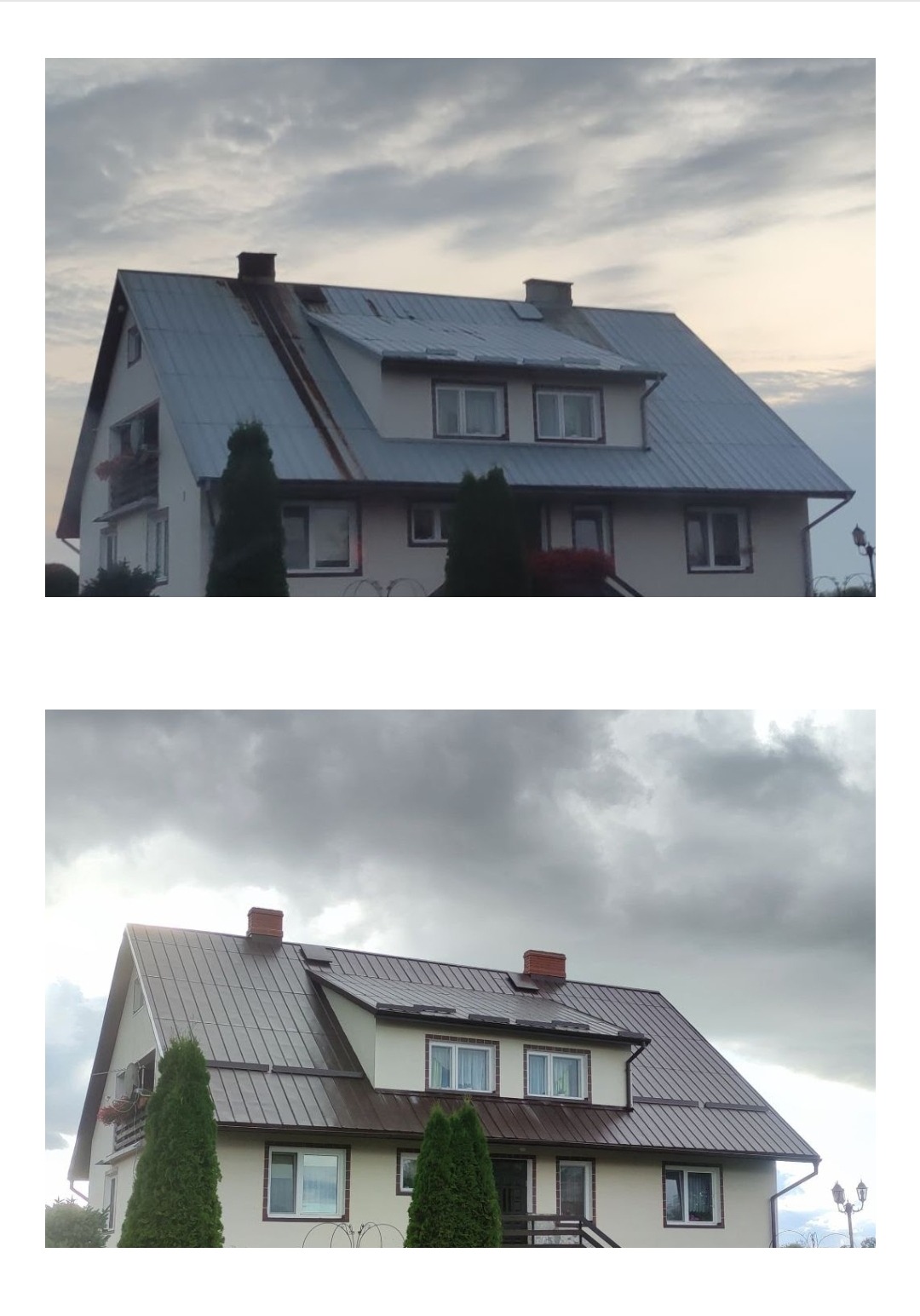 Dwukondygnacyjny dom z dachem częściowo pokrytym blachą w kolorze szarym, częściowo brązowym, widoczny z zewnątrz w pochmurny dzień.