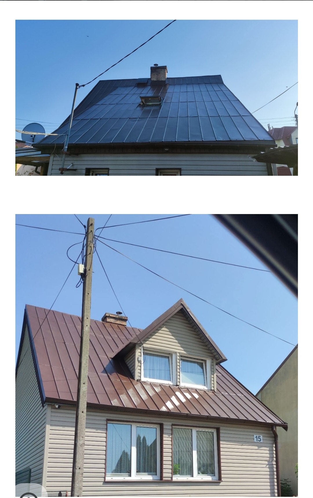 Dom jednorodzinny z nowym, brązowym pokryciem dachowym z blachy trapezowej, widoczny komin i okno dachowe, elewacja z sidingu w odcieniach beżu.