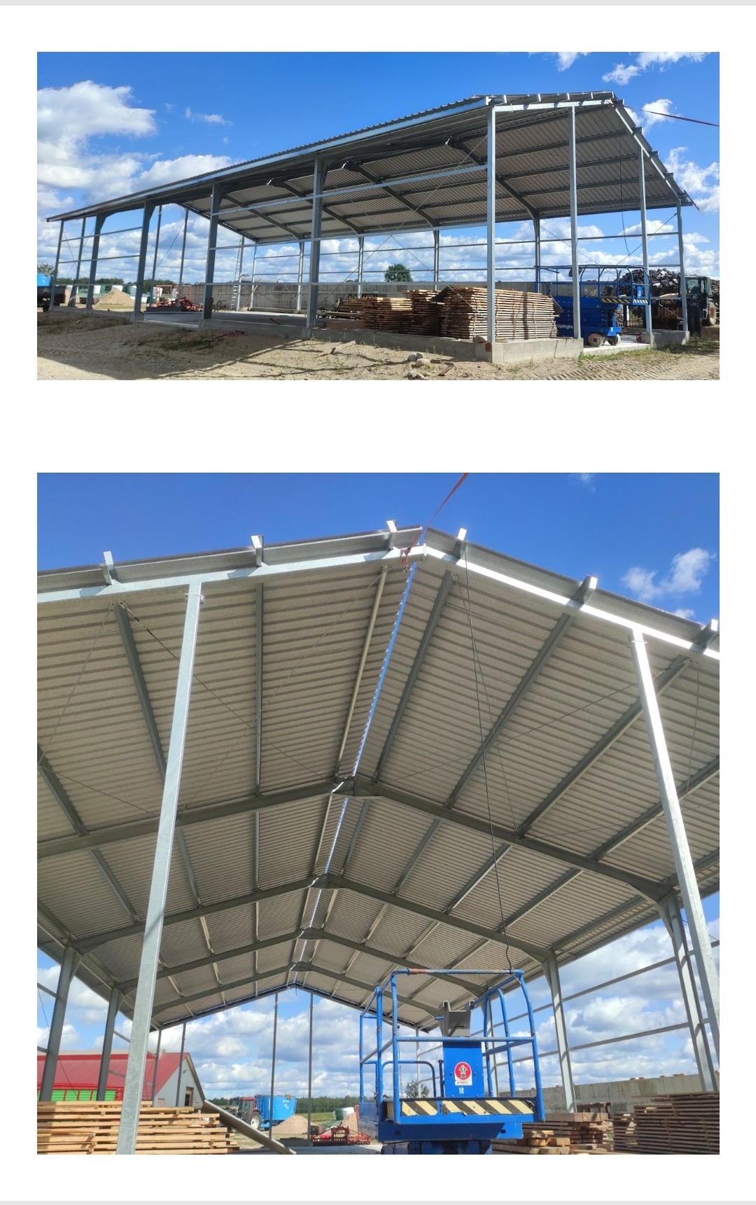 Zadaszenie wiaty gospodarczej blachą trapezową pokrytą od spodu filcem.