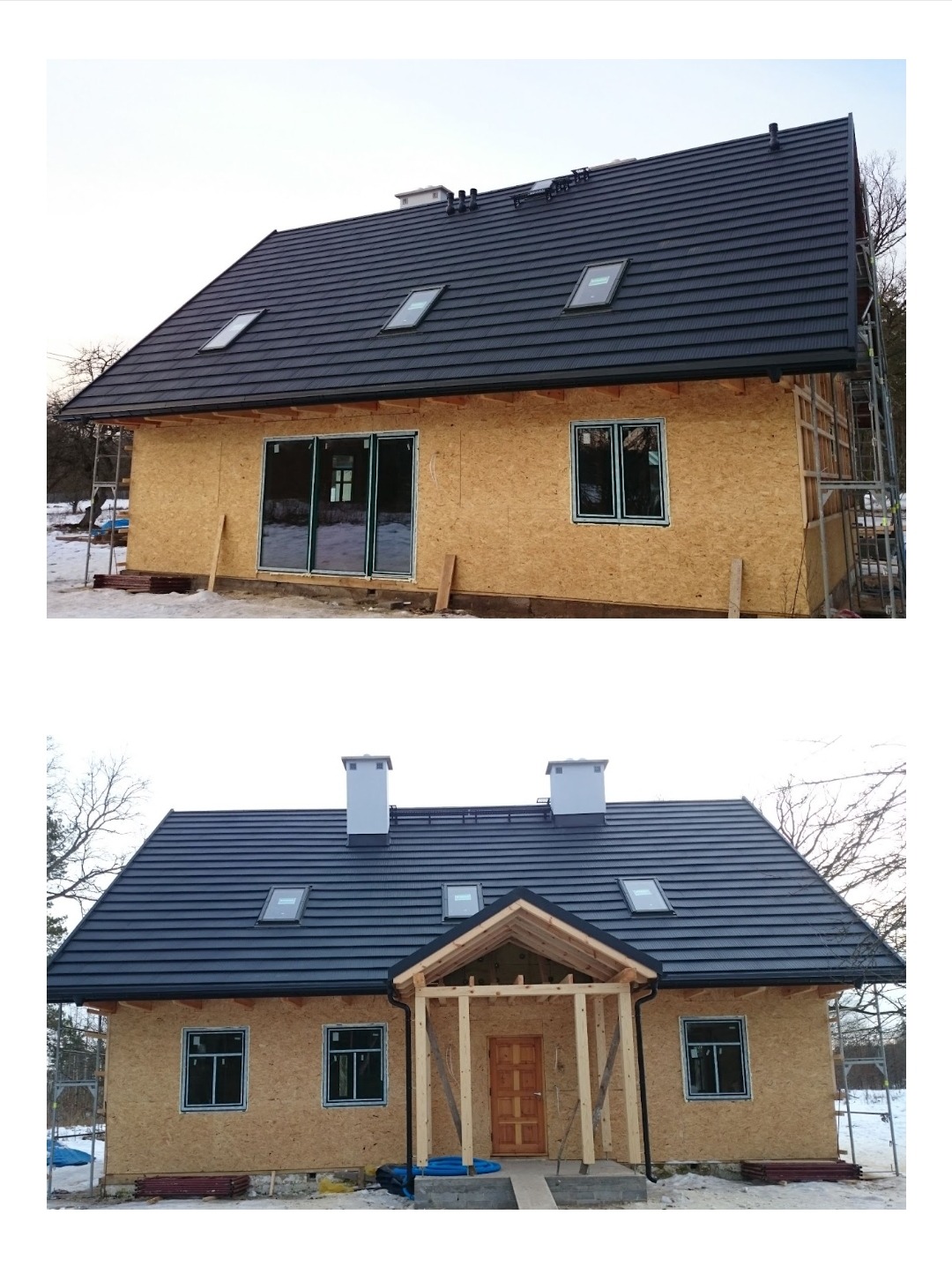 Dom w trakcie budowy z czarnym dachem z dachówką, widoczne okna dachowe i ściany zewnętrzne pokryte płytami OSB, surowy stan wykończenia.