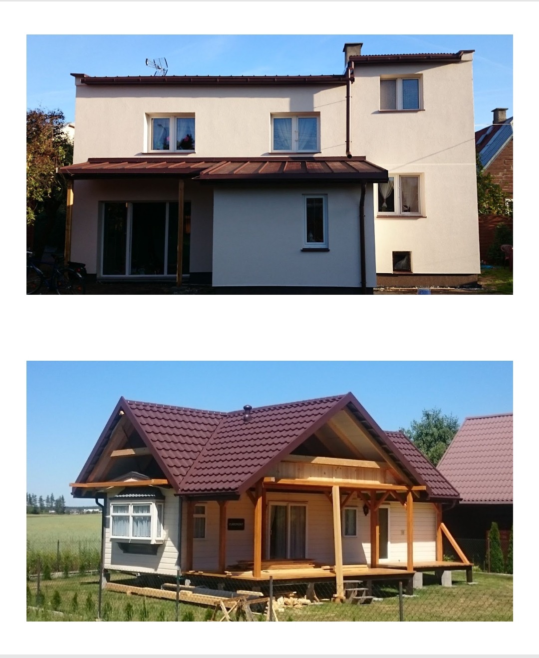 Dwa zdjęcia: górne przedstawia dwukondygnacyjny dom z płaskim dachem i brązowymi obróbkami blacharskimi, dolne ukazuje mały, drewniany dom w trakcie budowy z ciemnoczerwonym dachem z dachówki...