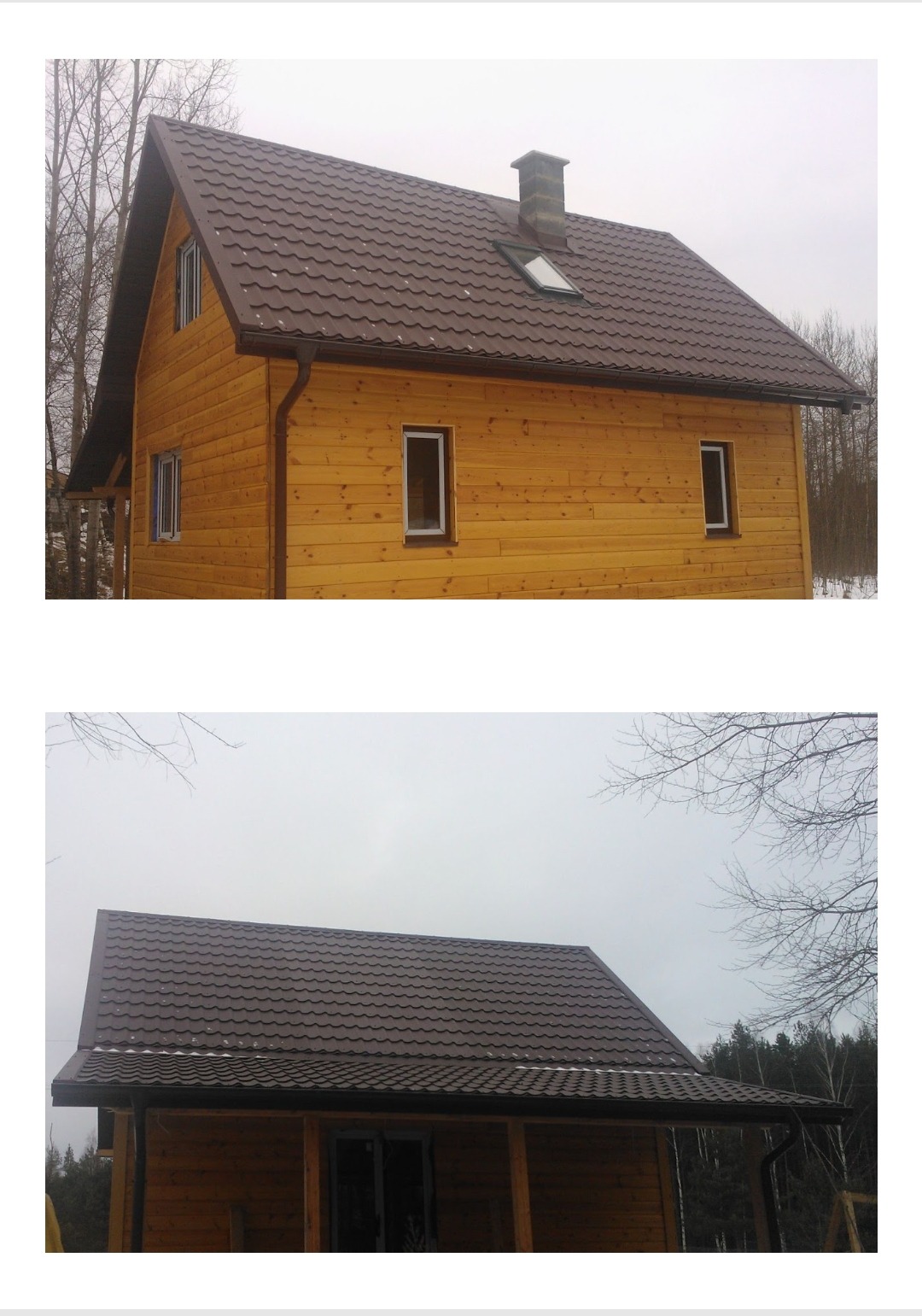 Nowy, brązowy dach z blachy trapezowej na drewnianym domu z widocznymi rynnami i kominem, na tle szarego nieba i drzew bez liści.
