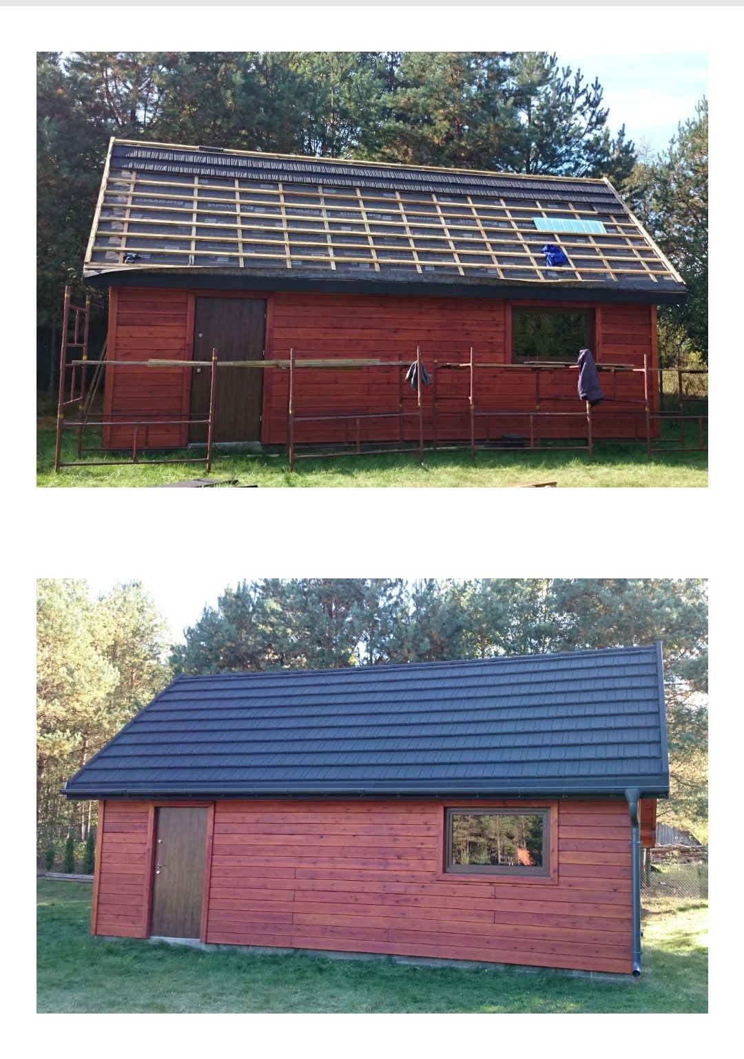 Dwa ujęcia tego samego drewnianego budynku: pierwsze w trakcie układania łat pod pokrycie, z widocznym rusztowaniem i fragmentem niebieskiej folii, drugie - po ukończeniu prac, z ciemnym, metalowym...