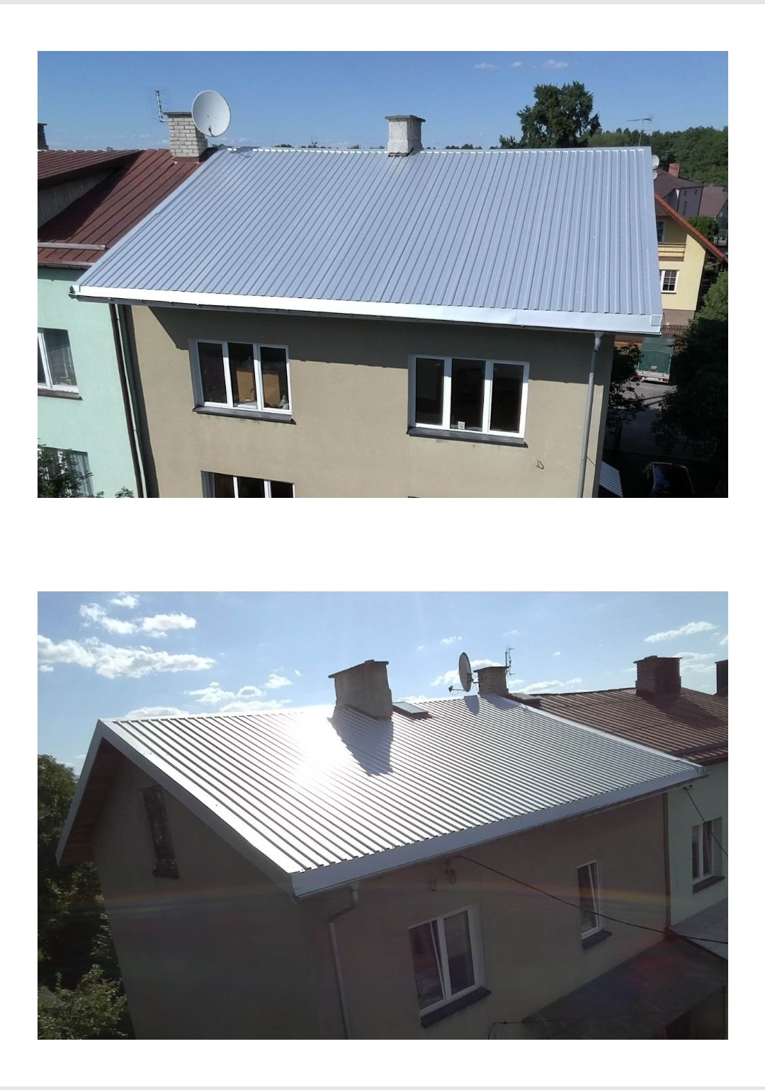 Dom z nowym, srebrnym dachem z blachy trapezowej i białymi obróbkami blacharskimi, widok z góry w słoneczny dzień.
