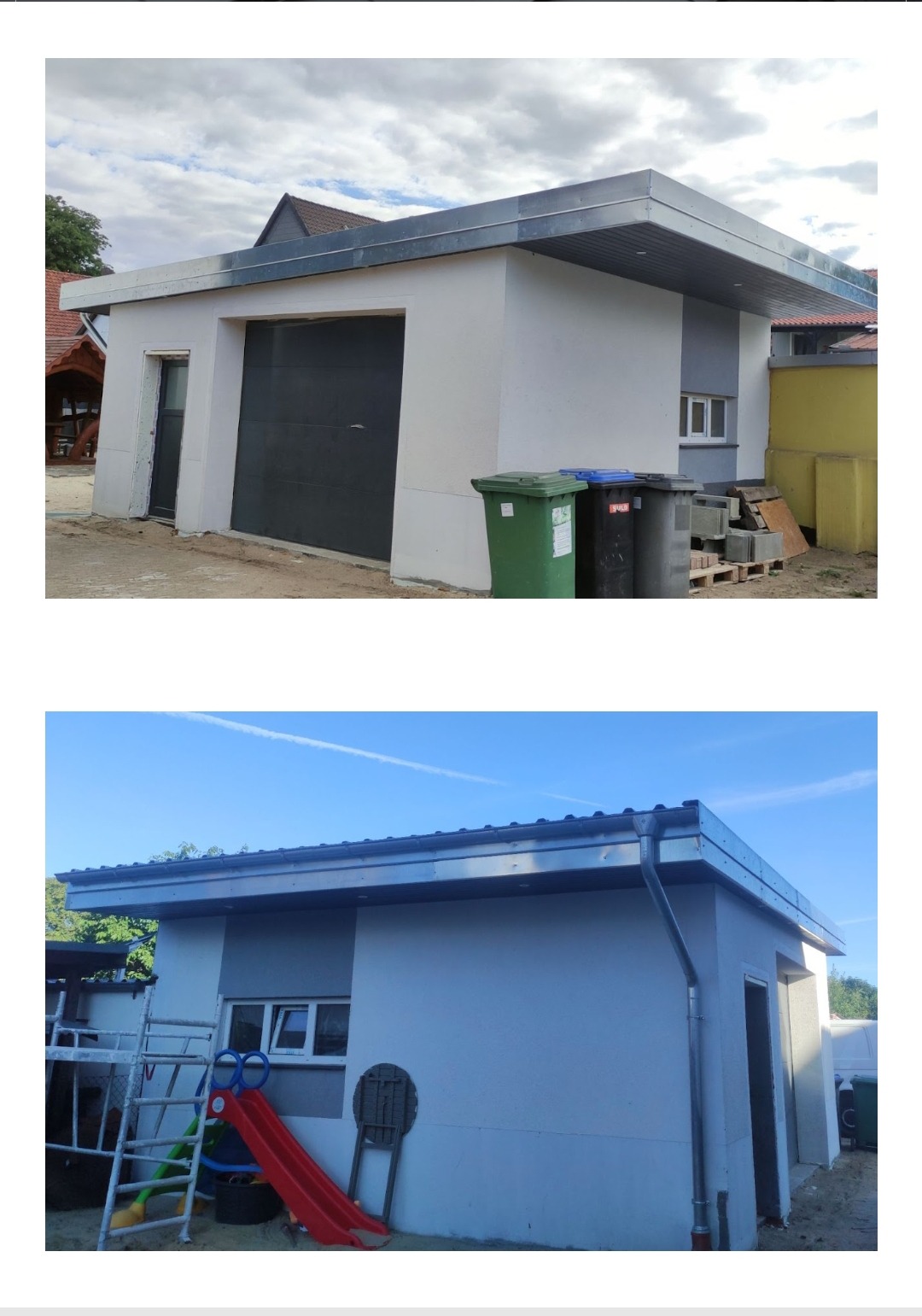 Nowoczesny garaż z płaskim dachem i metalową obróbką, widoczne rynny i pionowe rury spustowe, w tle domy i błękitne niebo.