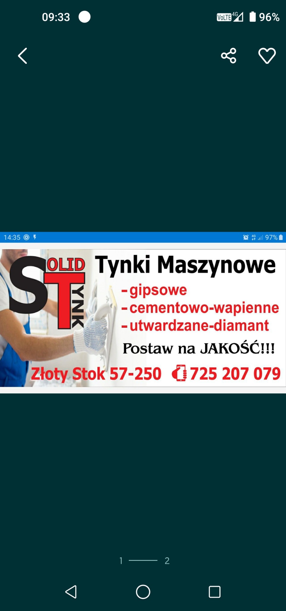 Reklama firmy oferującej tynki maszynowe: logo firmy SOLID TYNK, wykaz tynków (gipsowe, cementowo-wapienne, utwardzane-diament), hasło 'Postaw na JAKOŚĆ!!!', adres Złoty Stok i numer telefonu.