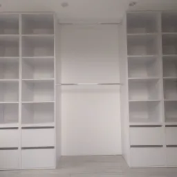 Biała zabudowa wnęki z półkami i szufladami po bokach, drążek na ubrania w środkowej części.