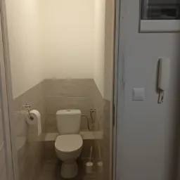 Wykończona toaleta w odcieniach szarości, z widoczną zabudową z płytek ceramicznych do połowy wysokości ścian, wiszący podajnik na papier toaletowy i szczotka do WC w rogu, widok zza otwartych drzwi.