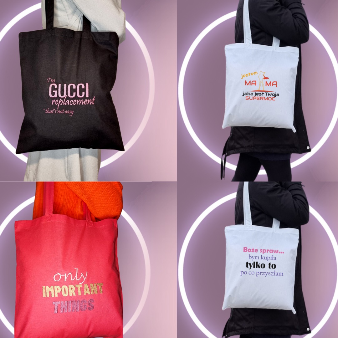 torby bawełniane z haftowanymi napisami