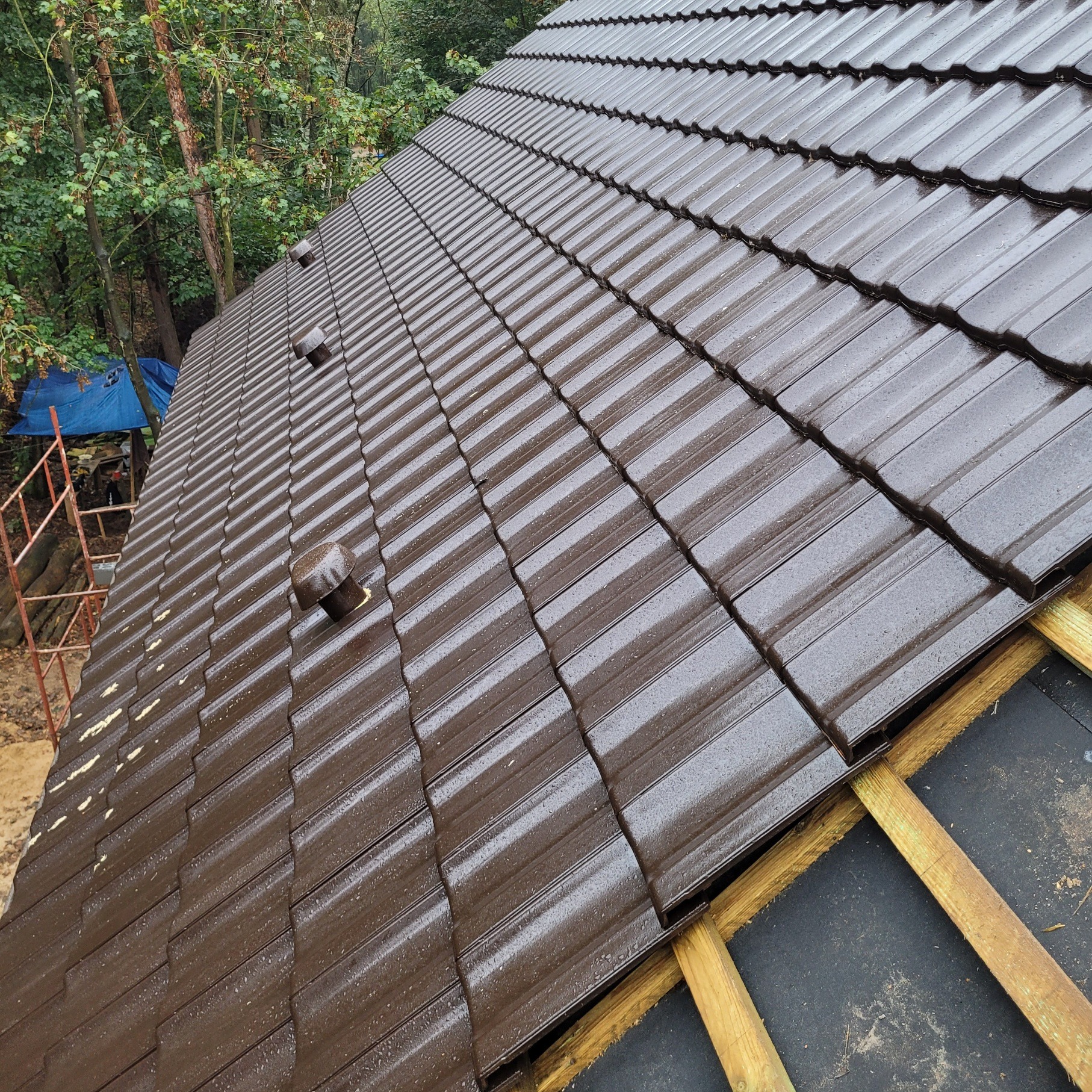 Nowe, brązowe dachówki ułożone na łatach, widoczne elementy wentylacji i fragment lasu w tle. Dachówki mokre od deszczu.