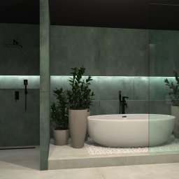 Flare Design Agata Mucha - Nowoczesna łazienka w odcieniach zieleni z wolnostojącą wanną, roślinami w donicach i subtelnym oświetleniem LED. Minimalistyczny design z akcentami natury.