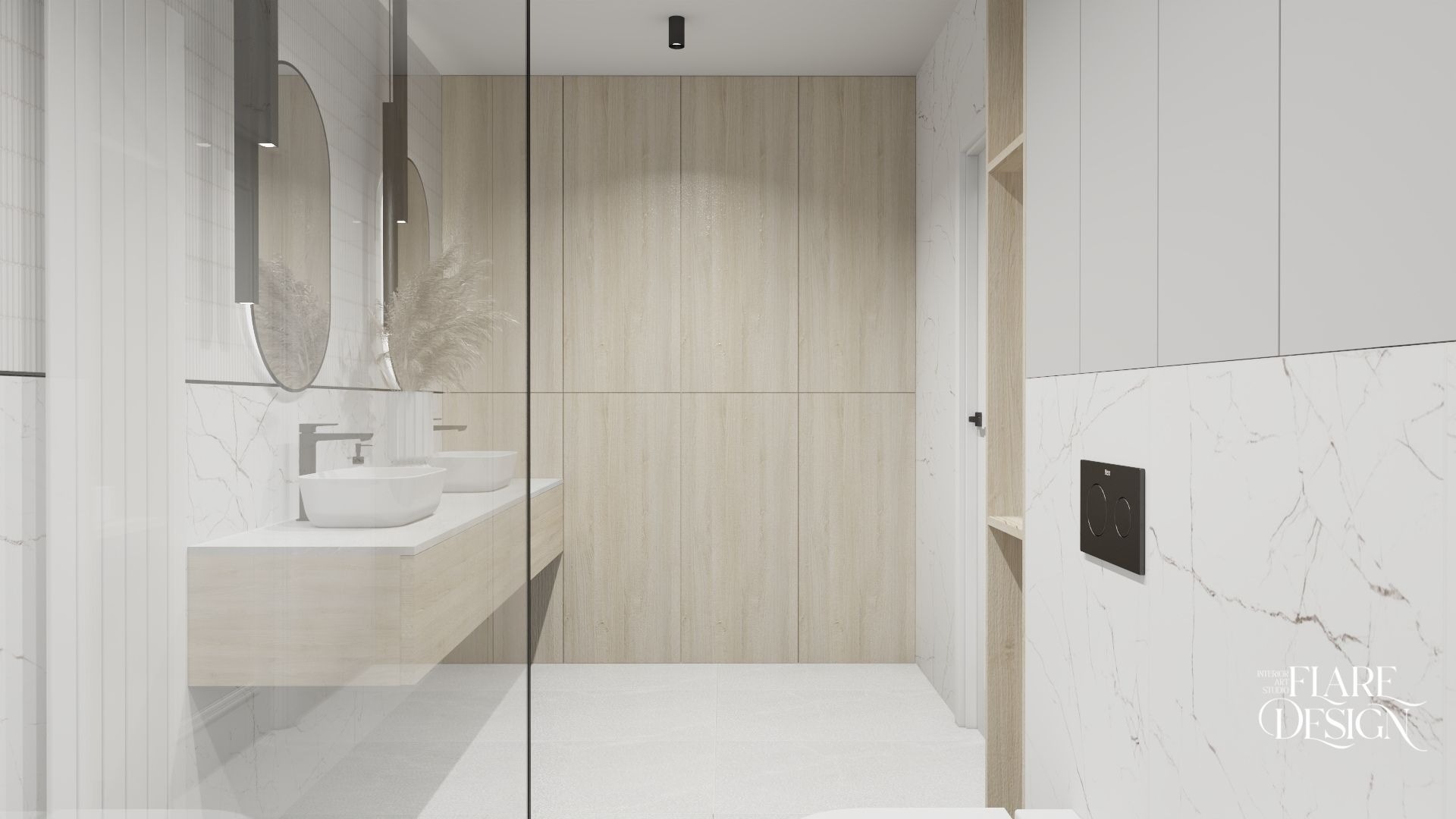 Nowoczesna łazienka z podwójną umywalką nablatową, okrągłymi lustrami z podświetleniem LED, ścianą z drewnopodobnych paneli oraz marmurowym wykończeniem z czarnym przyciskiem spłuczki.