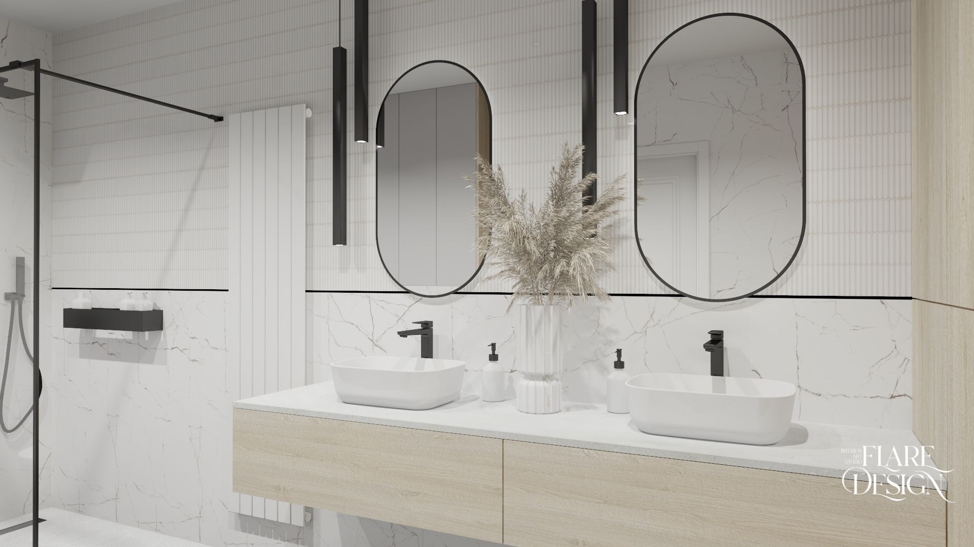 Nowoczesna łazienka z dwoma owalnymi lustrami w czarnych ramach, białymi umywalkami nablatowymi, armaturą w kolorze czarnym i dekoracyjną trawą pampasową w białym wazonie.