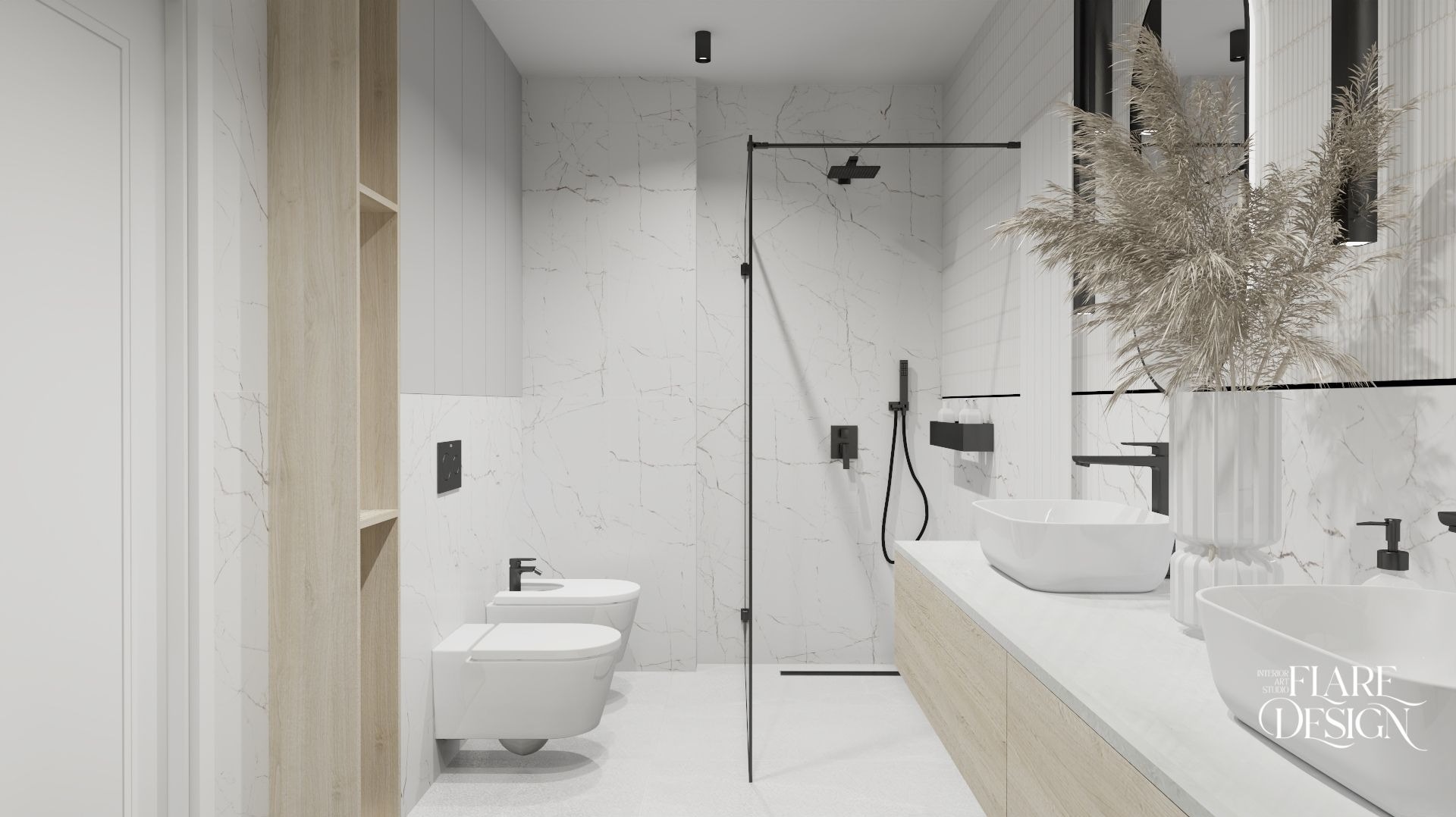Jasna, minimalistyczna łazienka z marmurowymi płytkami, kabiną prysznicową typu walk-in z czarną armaturą, podwójną umywalką nablatową, dekoracyjną trawą pampasową w białym wazonie oraz toaletą...