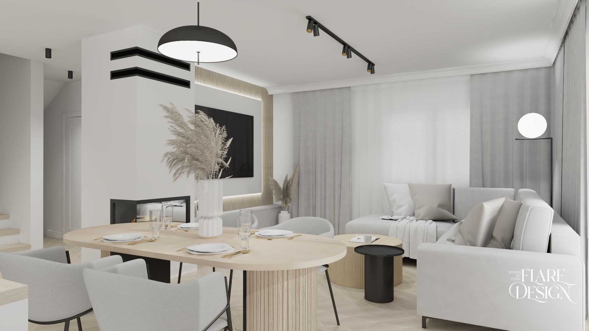 Jasne wnętrze mieszkania z jadalnią, salonem i kominkiem, minimalistyczny design z akcentami beżu i szarości, drewniany stół z nakryciem, sofa z poduszkami, lampa podłogowa i wisząca, parkiet...