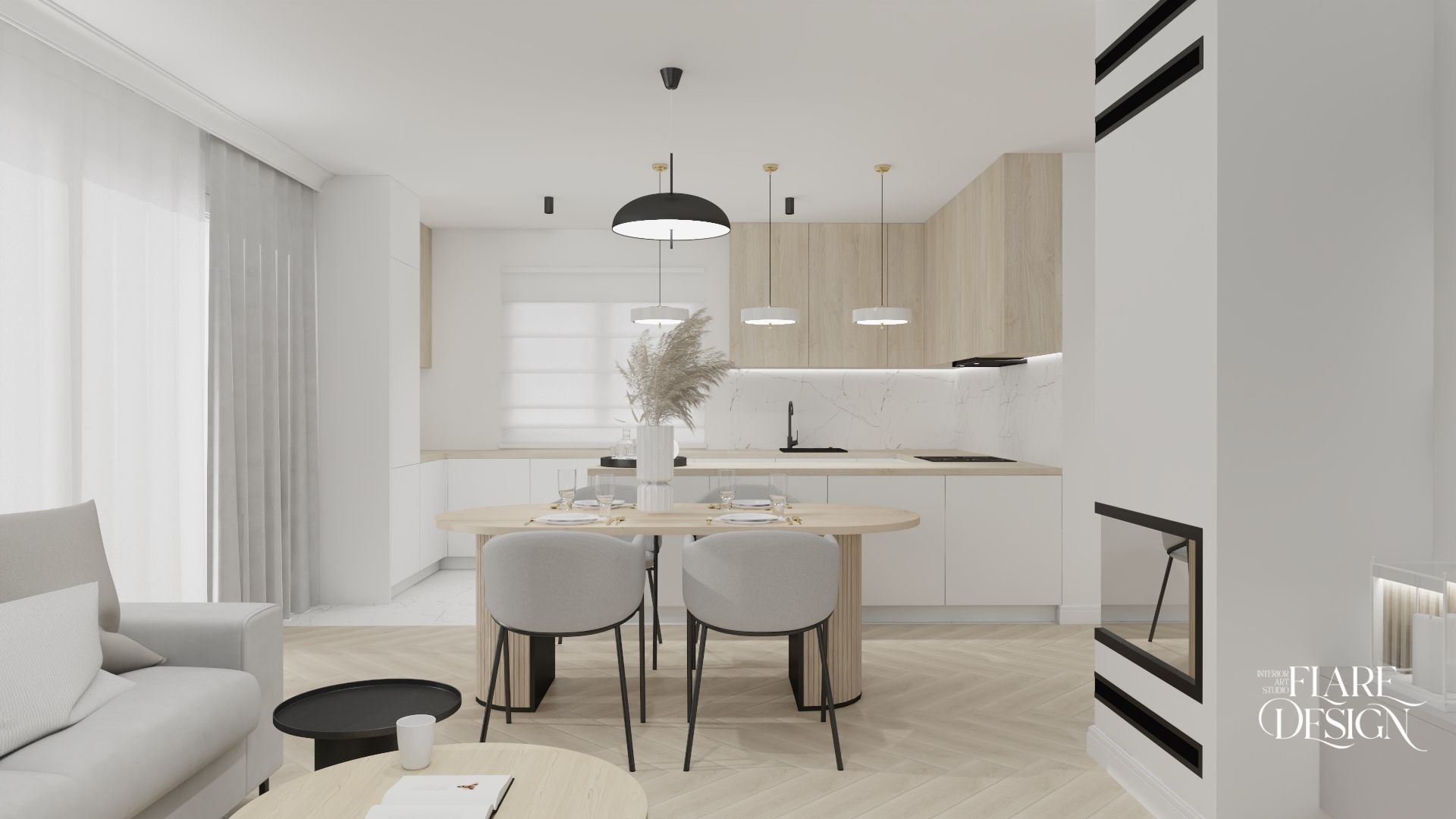 Wizualizacja jasnej kuchni z elementami drewna, okrągły stół jadalny z szarymi krzesłami, dekoracyjny wazon z trawami, parkiet w jodełkę, minimalistyczny kominek i logo studia projektowego w rogu.