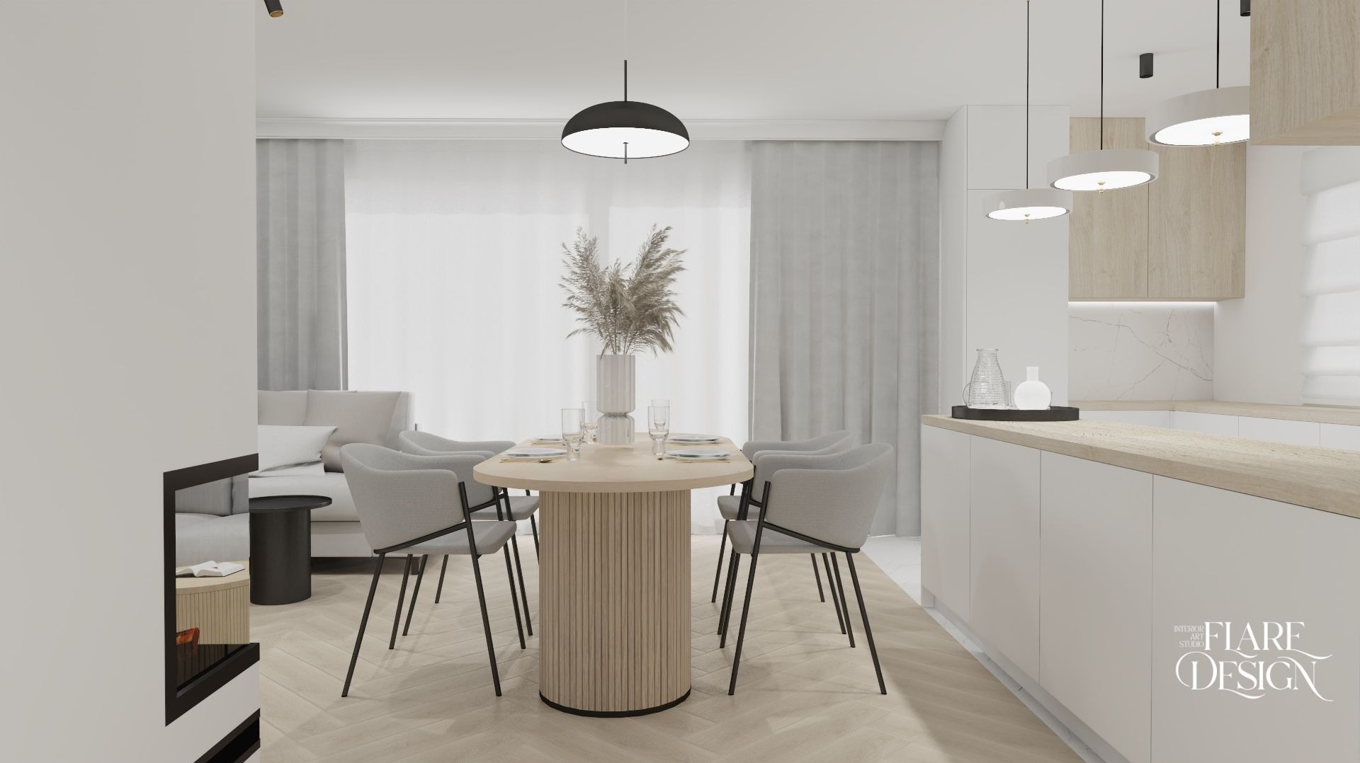 Jasne wnętrze jadalni z okrągłym stołem na sześć osób, minimalistycznymi krzesłami, dekoracyjnym bukietem w wazonie i widokiem na salon z sofą, oświetlone nowoczesnymi lampami wiszącymi.