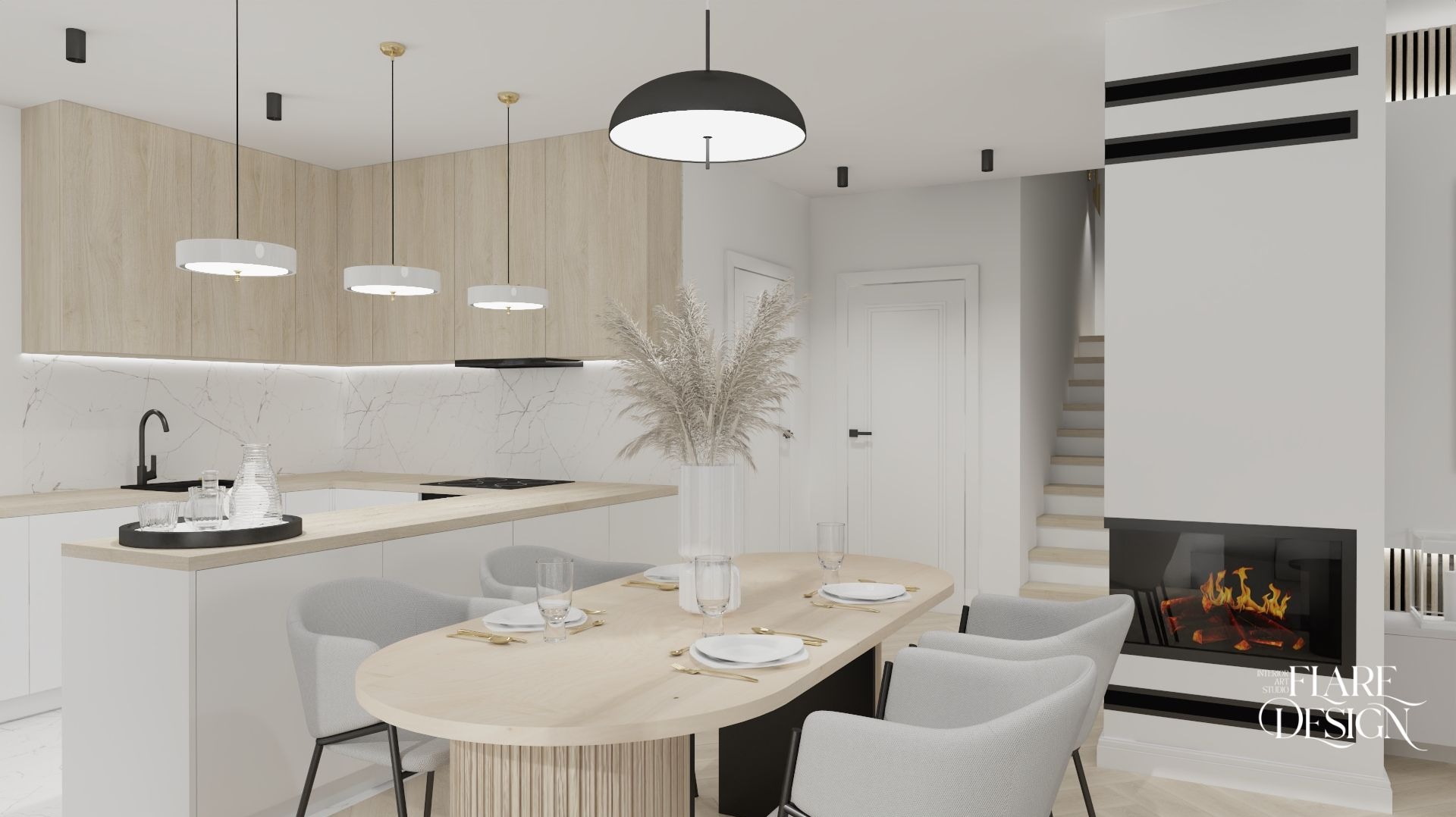 Wizualizacja jasnej kuchni z wyspą i jadalnią, drewniane fronty szafek, marmurowy backsplash, okrągły stół z szarymi krzesłami, kominek w tle, nowoczesne oświetlenie.