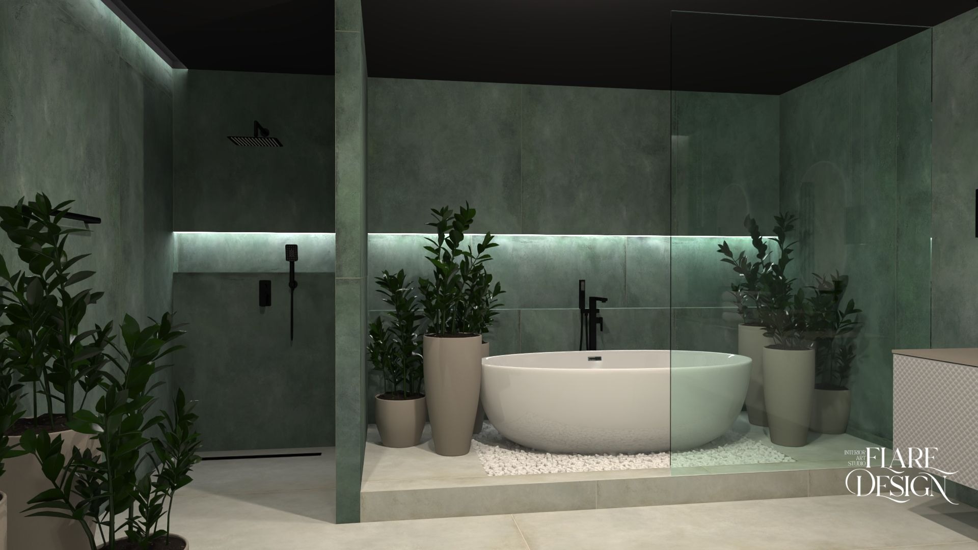 Nowoczesna łazienka w odcieniach zieleni z wolnostojącą wanną, roślinami w donicach i subtelnym oświetleniem LED. Minimalistyczny design z akcentami natury.