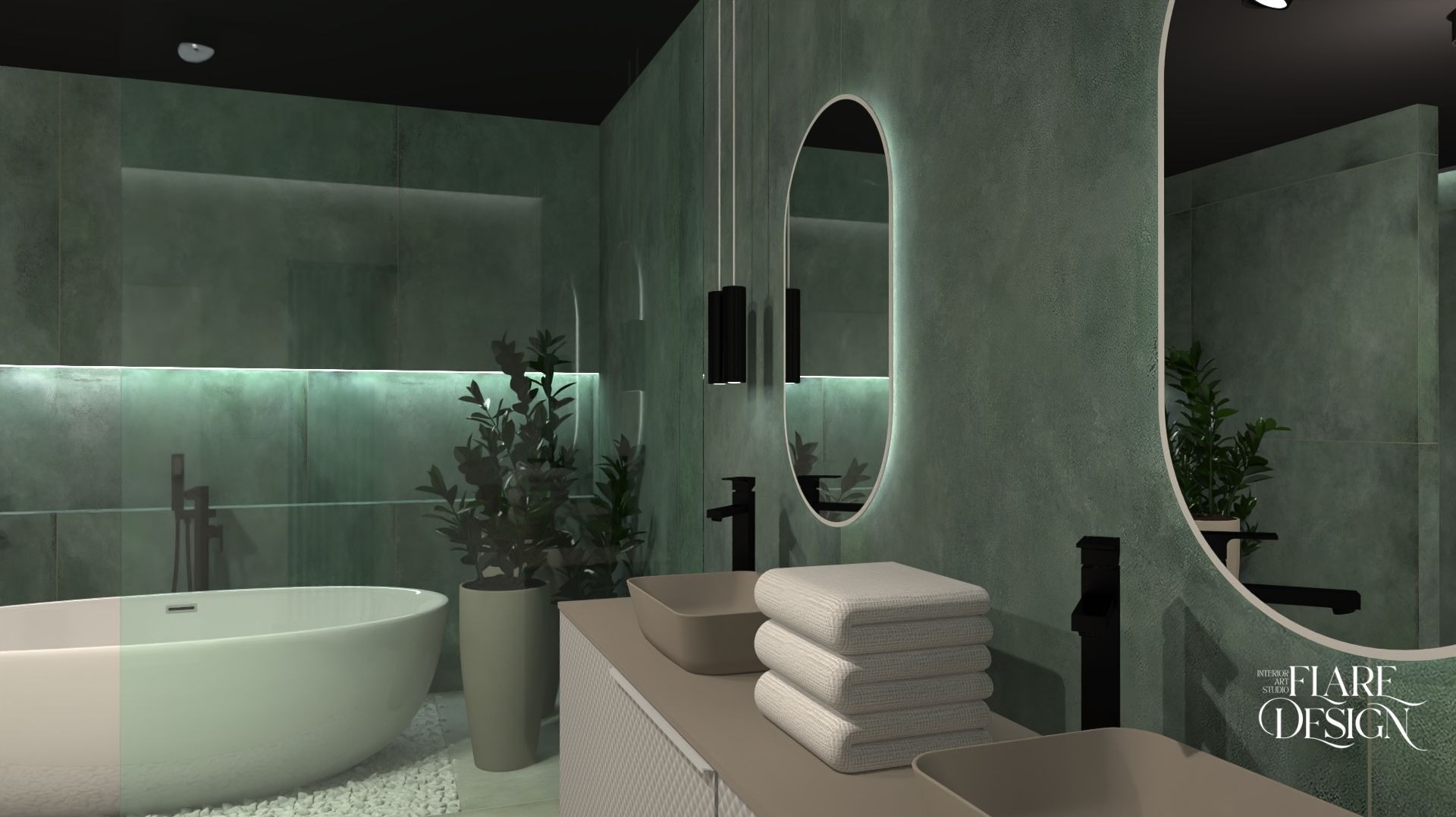 Stylowa łazienka w odcieniach zieleni z owalnym lustrem z podświetleniem, minimalistyczną armaturą i rośliną doniczkową. W tle widoczna wanna na tle ściany z płytek.