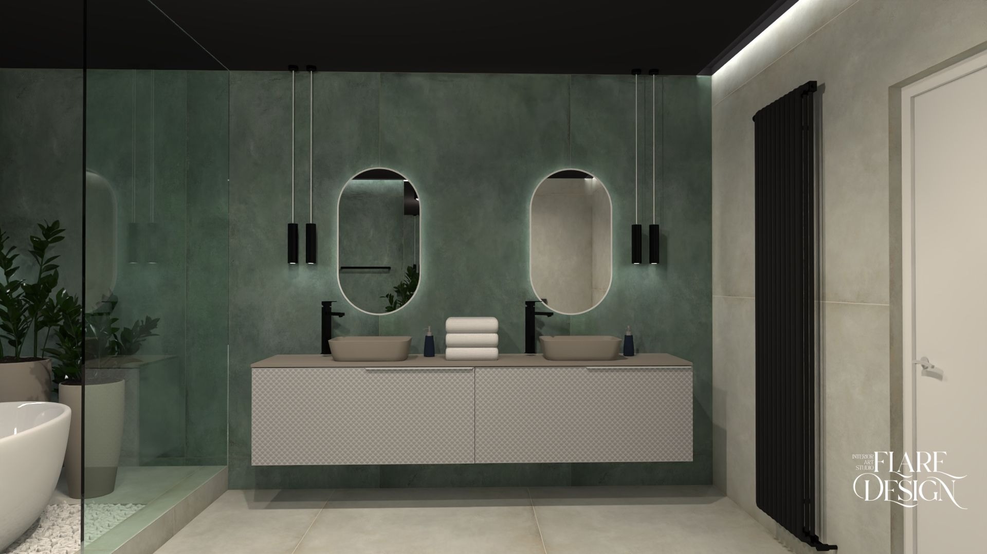 Wizualizacja łazienki z zieloną ścianą, owalnymi lustrami podświetlanymi LED, beżową szafką z umywalkami i czarnym grzejnikiem. Minimalistyczny design.