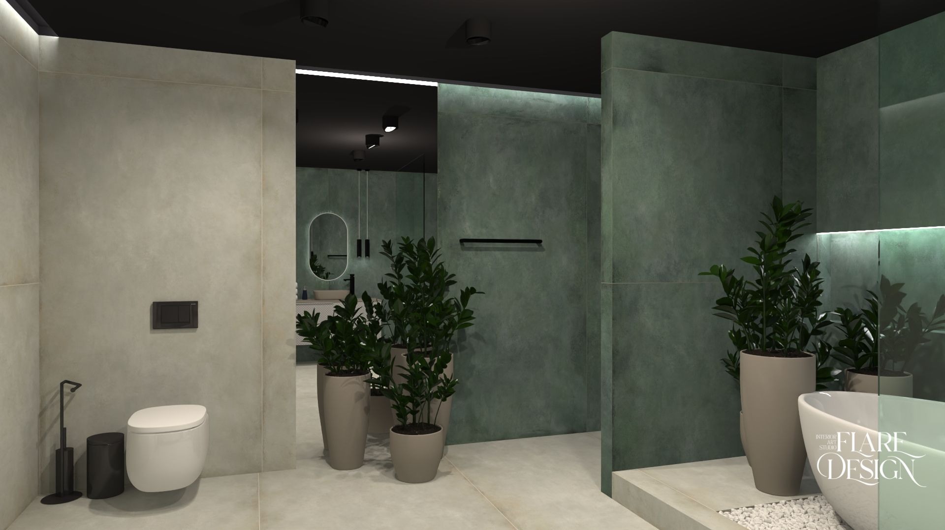 Wizualizacja nowoczesnej łazienki z zielonymi ścianami, roślinami w donicach i minimalistyczną toaletą. Widoczne oświetlenie punktowe i owalne lustro w tle.