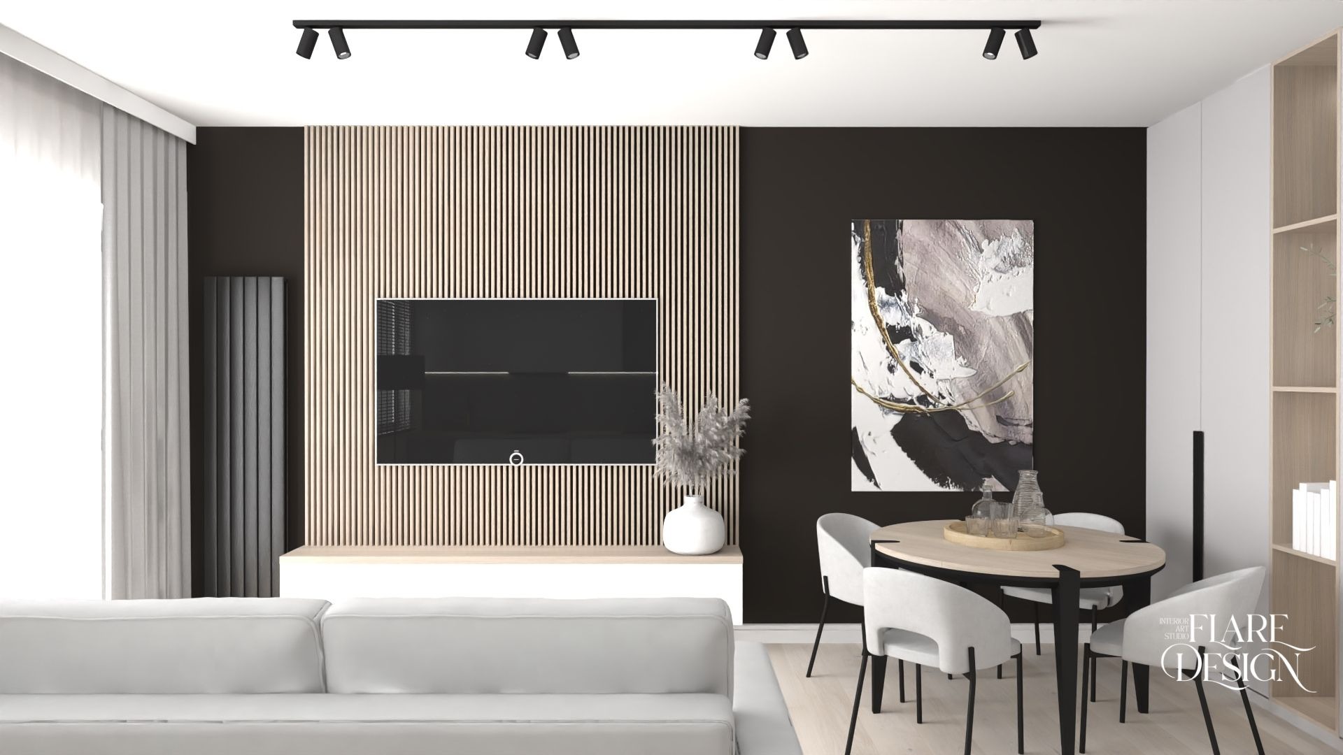 Nowoczesny salon z drewnianą ścianą, telewizorem, okrągłym stołem i białymi meblami. Minimalistyczny design z akcentami czerni i beżu. Oświetlenie punktowe.