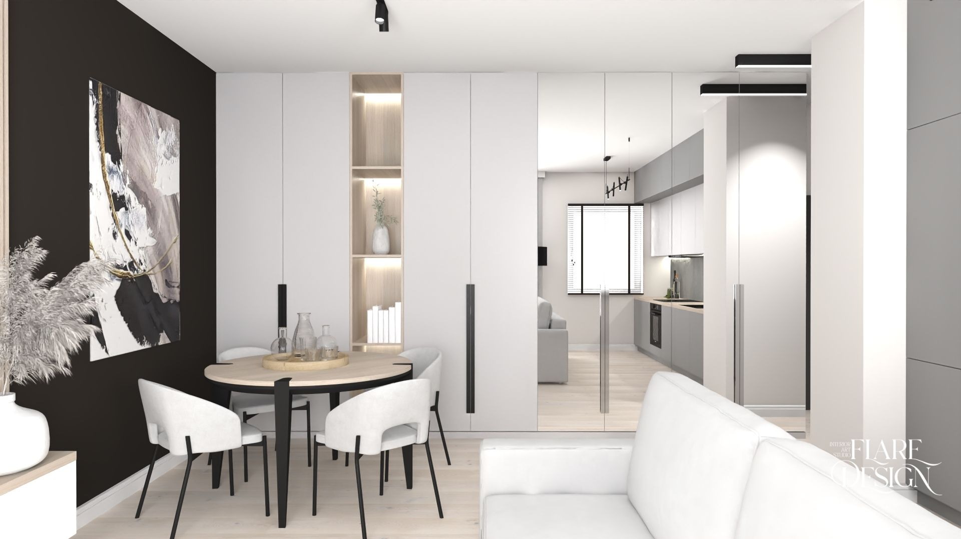 Wnętrze mieszkania w stylu minimalistycznym: czarna ściana z abstrakcyjnym obrazem, okrągły stół z krzesłami, biała zabudowa z półkami i lustrem odbijającym kuchnię.