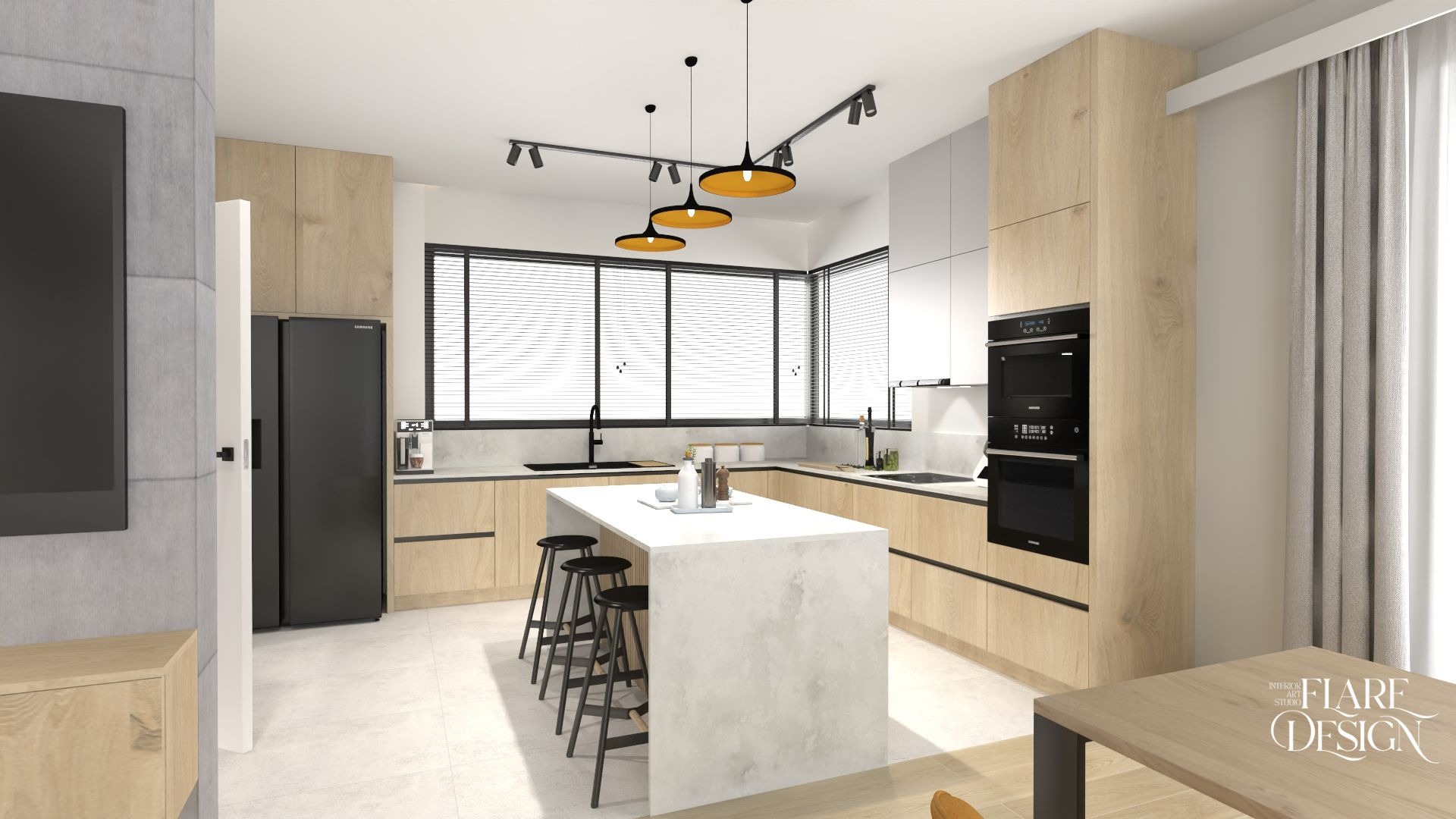 Jasna kuchnia z drewnianymi frontami, wyspą i czarnymi hokerami. Oświetlenie punktowe i duże okno z żaluzjami. Nowoczesny design z dbałością o detale.