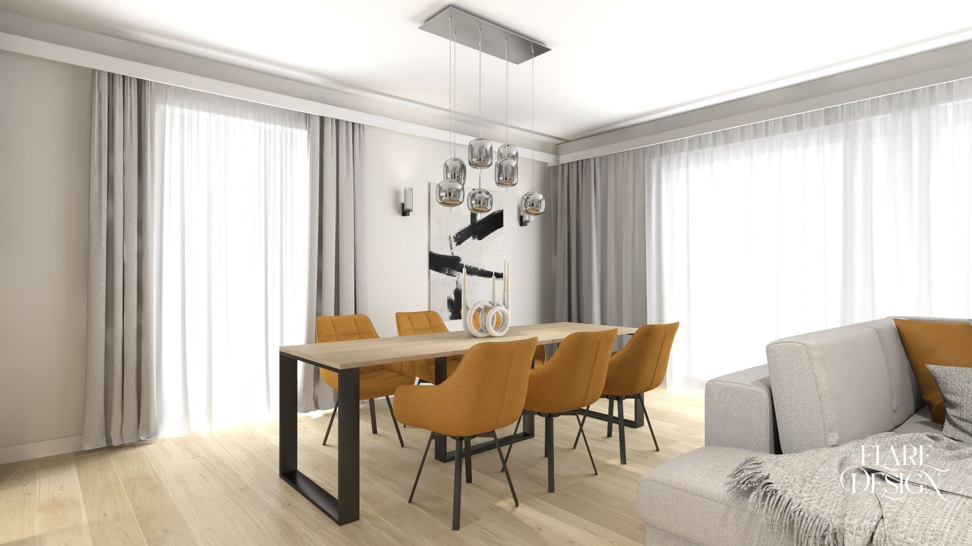 Stylowa aranżacja jadalni w Lublinie: drewniany stół z czarnymi nogami, musztardowe krzesła, designerska lampa i abstrakcyjny obraz na ścianie. Jasne wnętrze z zasłonami.