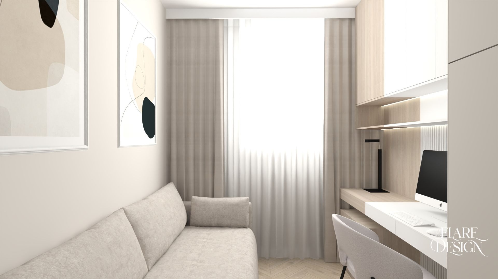 Jasne wnętrze pokoju z sofą i biurkiem, oświetlone światłem dziennym. Minimalistyczne grafiki na ścianie, drewniane akcenty i subtelne oświetlenie LED.