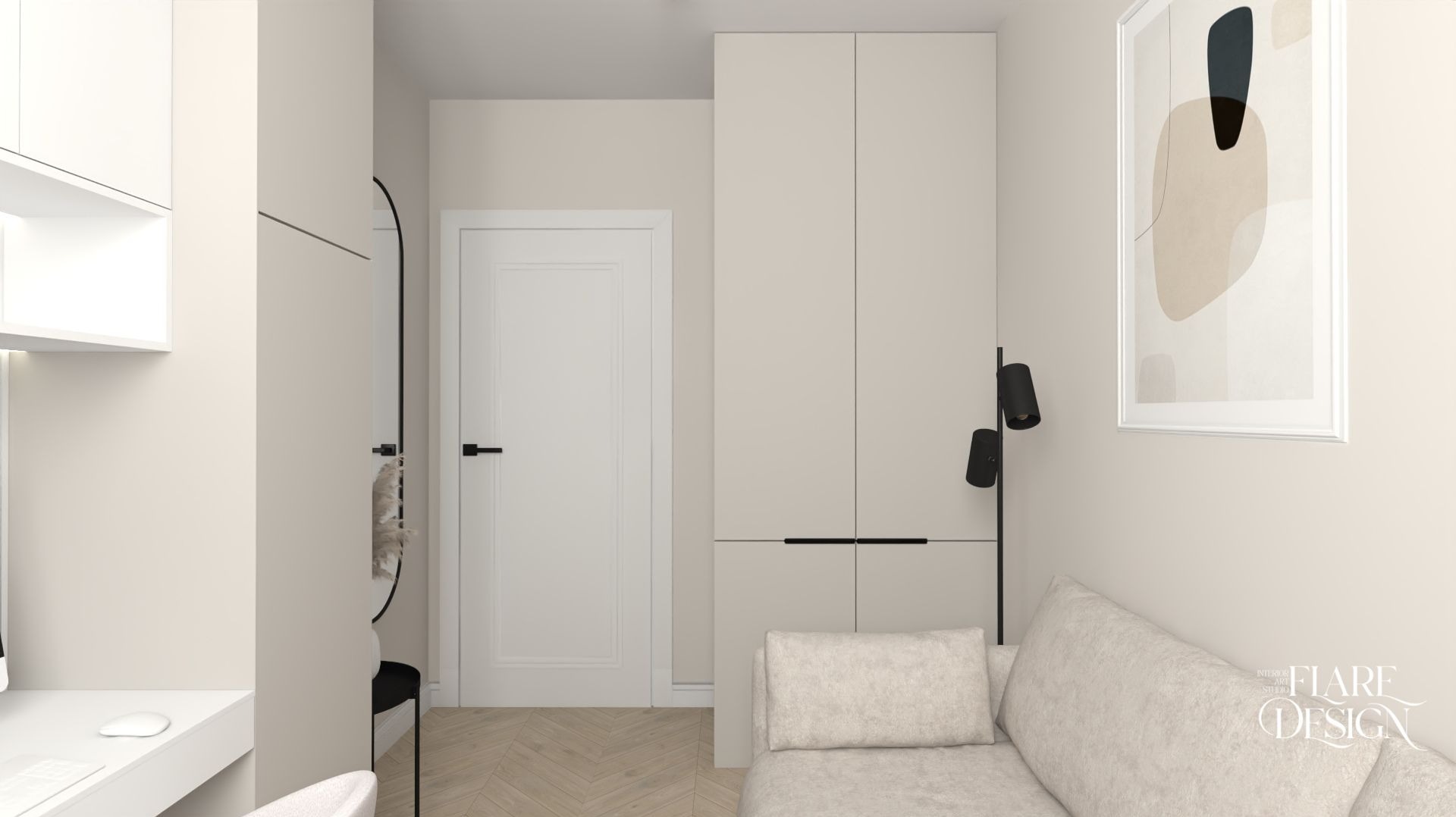 Beżowe wnętrze z biurkiem, szafą i sofą. Minimalistyczny design z czarnymi akcentami: lampa, rama lustra, uchwyty. Na ścianie abstrakcyjny obraz w jasnej ramie.