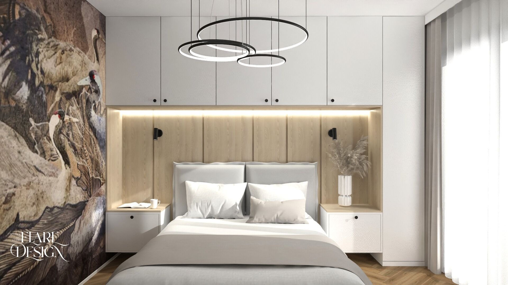 Nowoczesna sypialnia z łóżkiem, szafkami nocnymi i tapetą z motywem ptaków. Oświetlenie stanowią trzy okręgi. Minimalistyczny design i stonowana kolorystyka.