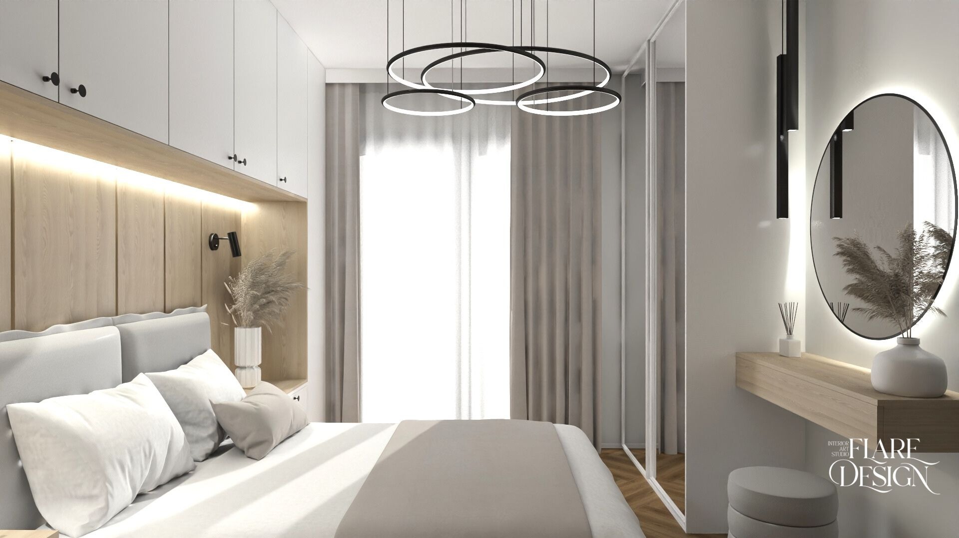 Nowoczesna sypialnia w jasnych barwach: drewniana zabudowa, okrągłe lampy, toaletka z lustrem i pufą. Minimalistyczny design z akcentami drewna i bieli.