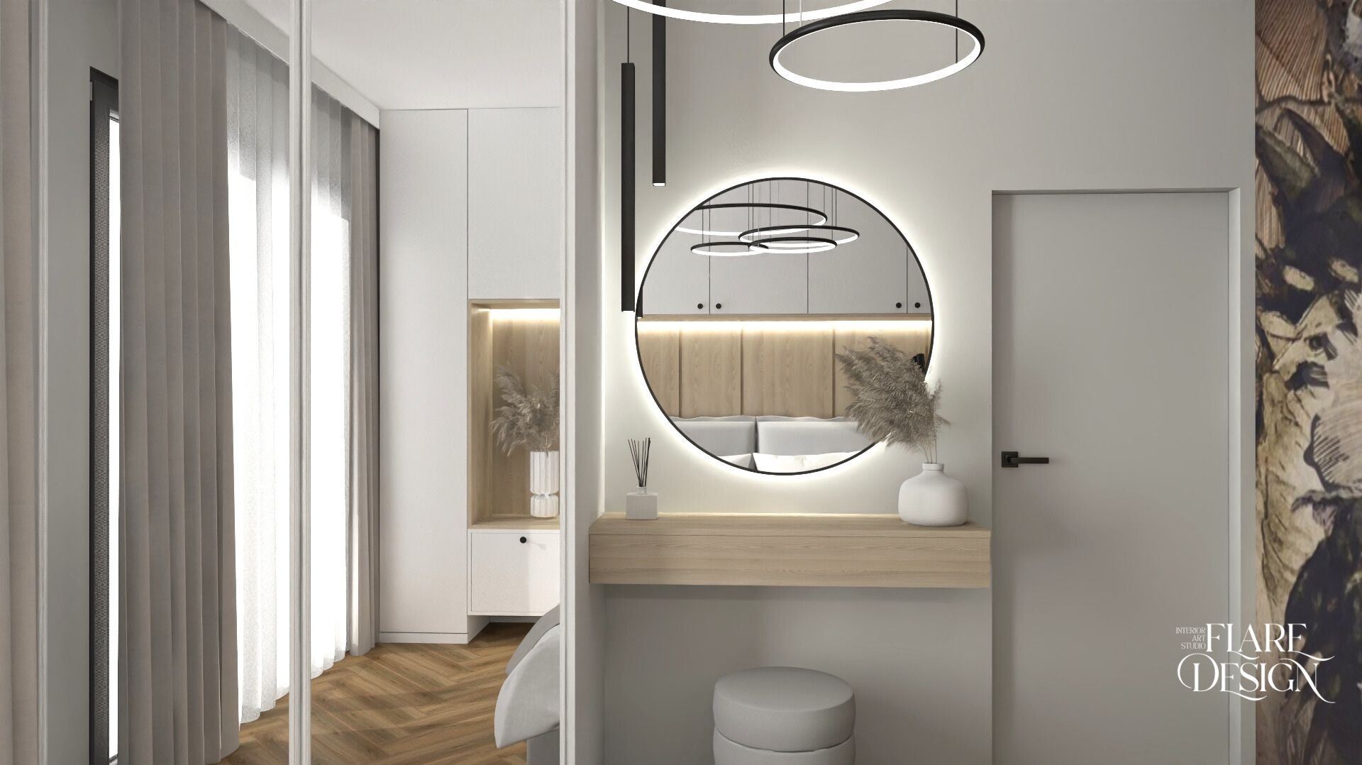 Nowoczesna sypialnia z toaletką i okrągłym lustrem z podświetleniem LED, widok na łóżko w odbiciu. Minimalistyczny design, ciepłe oświetlenie, drewniane wykończenia.