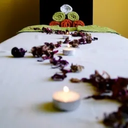 Stół do zabiegów z ułożonymi ręcznikami, płatkami kwiatów i zapalonymi świecami.