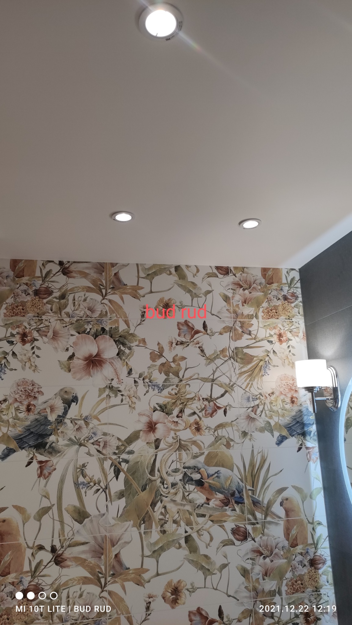 Ściana w łazience wyłożona jasnymi, kwadratowymi płytkami z motywem kwiatowym i papug, oświetlona trzema punktowymi lampami sufitowymi i lampą ścienną przy lustrze.