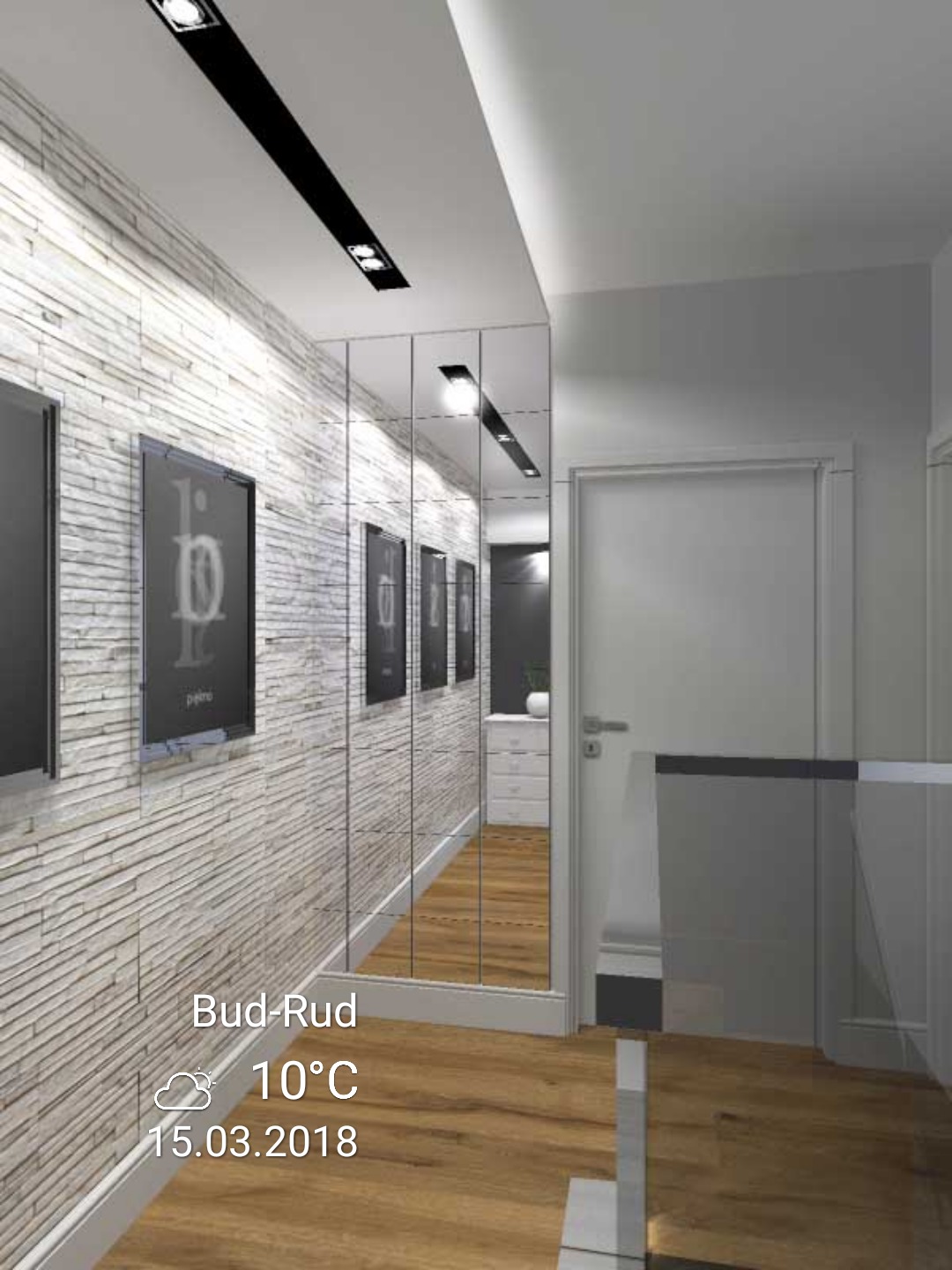 Nowoczesny korytarz z dekoracyjną ścianą z kamienia, lustrami w wąskiej ramie, drewnianą podłogą i minimalistycznym oświetleniem punktowym.