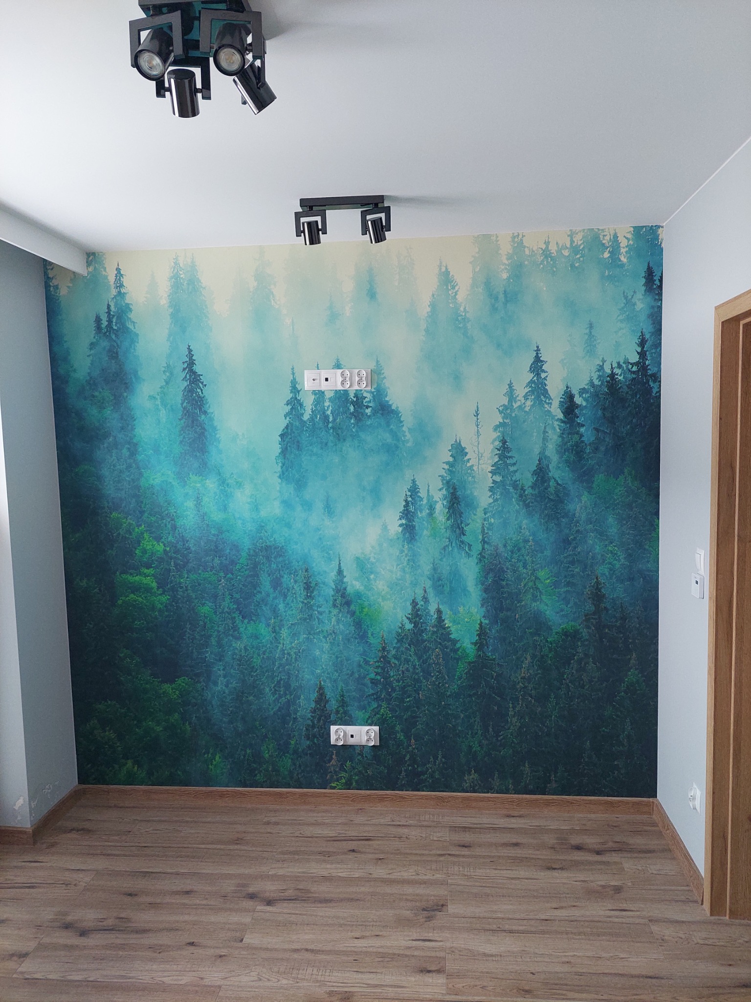 Pokój z fototapetą przedstawiającą mglisty las iglasty, brązowe panele podłogowe i nowoczesne oświetlenie sufitowe.