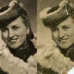 Porównanie odrestaurowanego i zniszczonego, czarno-białego portretu kobiety w futrzanej czapce i kołnierzu; po lewej stronie obraz po renowacji, po prawej - oryginał z widocznymi uszkodzeniami...