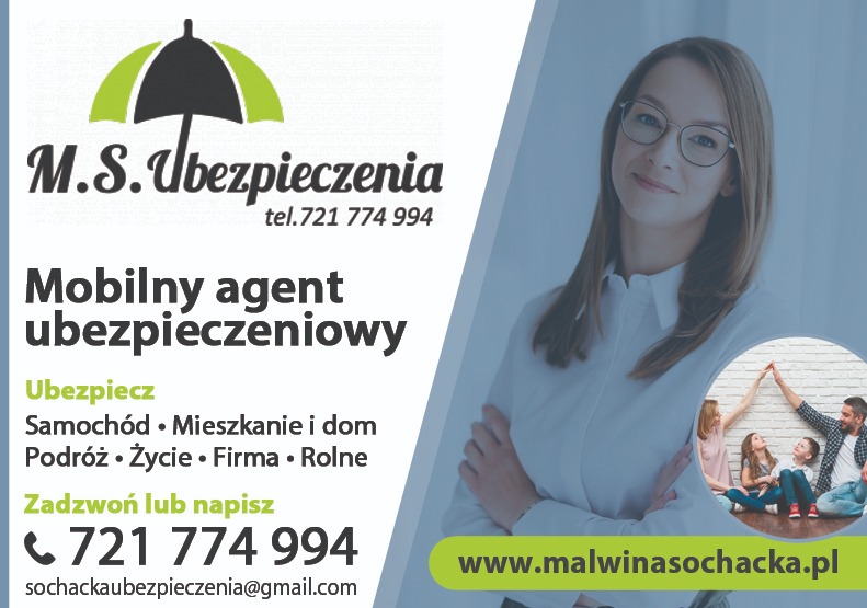 Grafika reklamowa mobilnego agenta ubezpieczeniowego z parasolem w logo, numerem telefonu i zdjęciem uśmiechniętej kobiety w okularach obok rodziny tworzącej dach z rąk.