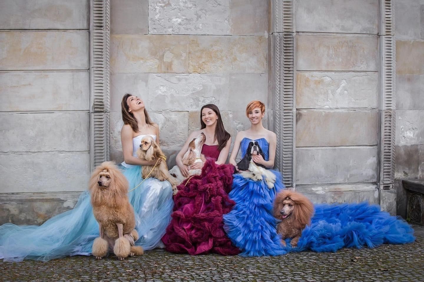 Trzy uśmiechnięte kobiety w balowych sukniach, siedzące obok siebie na tle kamiennej ściany, każda trzyma na kolanach psa, a obok nich stoją lub leżą wystylizowane pudle.