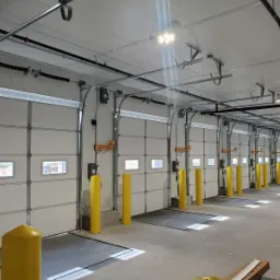 Rząd białych segmentowych wrót z małymi okienkami, prowadnice w kolorze szarym, żółte słupki ochronne i pomarańczowe pachołki, widoczne elementy automatyki i sprężyny skrętne.