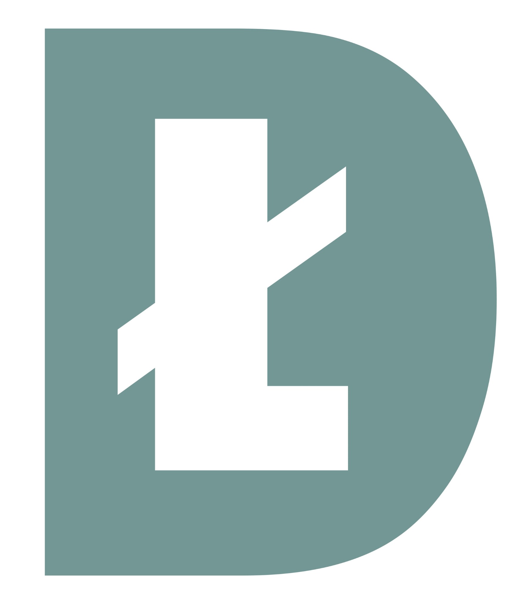 Logo firmy architektonicznej: litera 'D' w kolorze szarozielonym z wpisaną białą, stylizowaną literą 'L'.