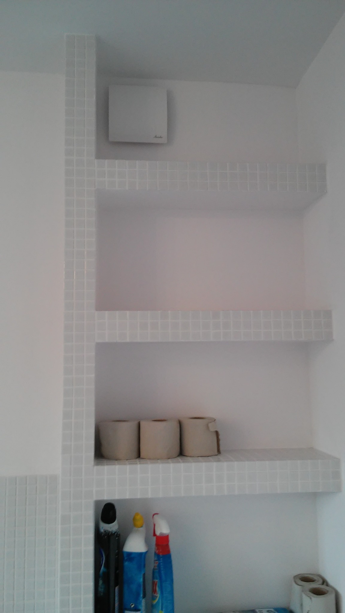 Półki wnękowe w łazience wyłożone białą mozaiką, na półkach artykuły higieniczne i środki czystości.