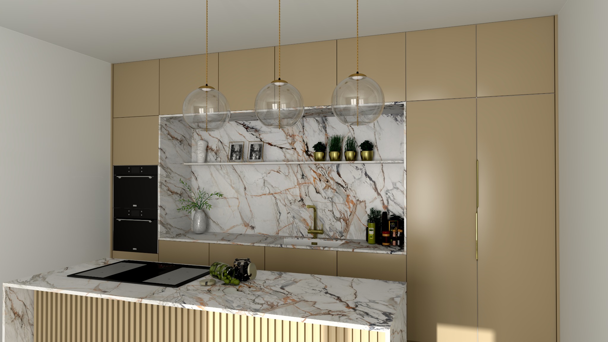Wizualizacja kuchni z zabudową w odcieniach beżu i marmuru, wyspa z drewnianymi lamelami, trzy szklane lampy wiszące.