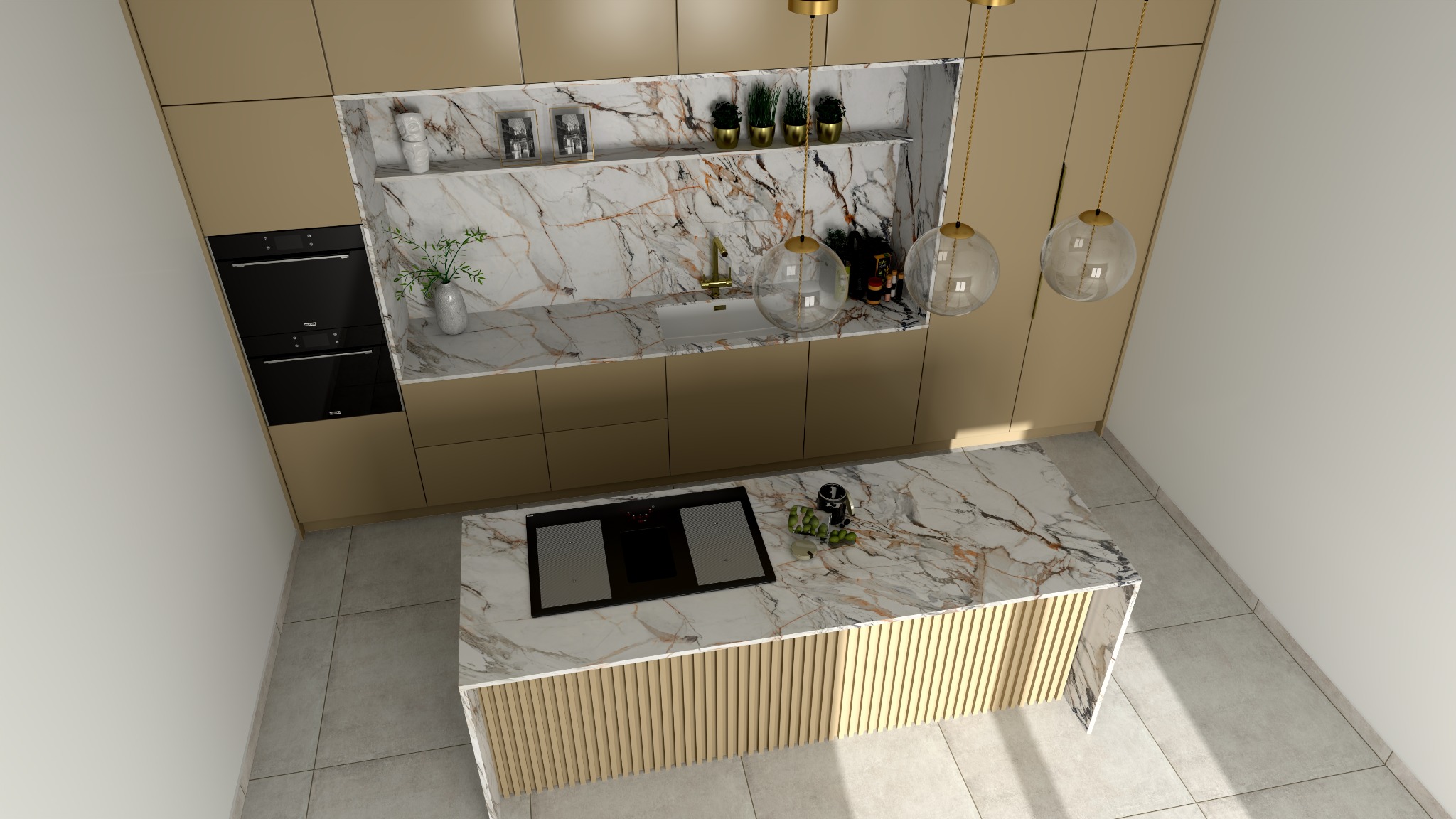 Wysoki kąt widzenia na nowoczesną kuchnię z beżowymi szafkami, marmurowym blatem i wyspą z drewnianymi lamelami, oświetloną trzema wiszącymi lampami z okrągłymi kloszami.