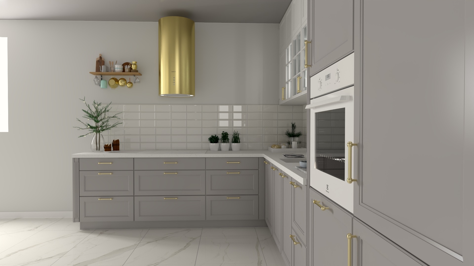 Szara kuchnia z białym marmurem na podłodze, złotym okapem i złotymi uchwytami, z blatem z białego konglomeratu.